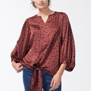 NWT Chico's Tie-front Satin Blouse Top 3/4 length Balloon Sleeve Sz 10 M